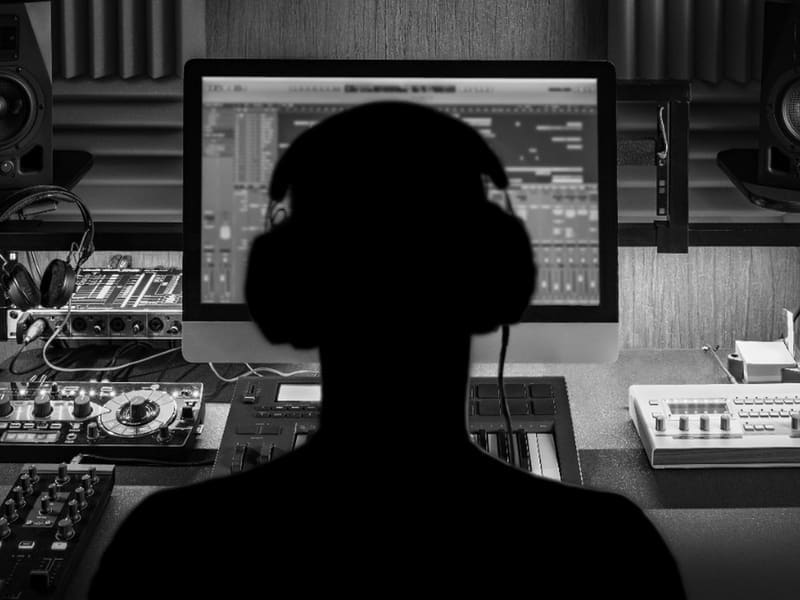Music producer working in a studio